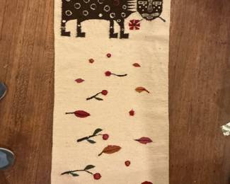 Vintage Folk Art Hooked Wool Runner with Cat Motif