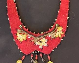 Handmade Red Felt and Crochet Floral Bib Necklace