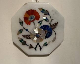 Octagonal Pietra Dura Marble Wall Plaque with Floral Inlay