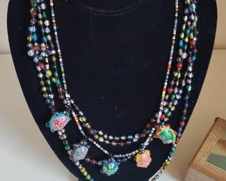 Multi-Strand Lampwork Turtle Beaded Necklace