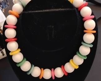 Vintage 80s White and Rainbow Plastic Beaded Necklace