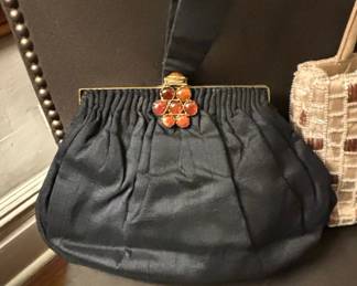 Vintage Bejeweled Satin Evening Bag with Amber-Toned Cabochons