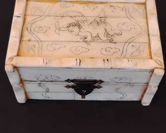 Scrimshaw-style Bone or Resin Trinket Box with Cherub and Clouds Motif