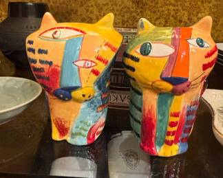 Pair of Hand-Painted Ceramic Cat Figurines in the Style of Laurel Burch