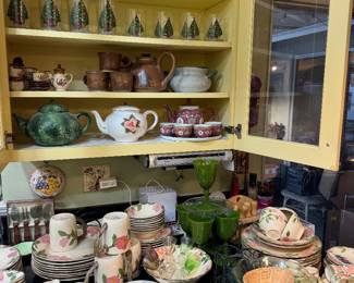 Teleflora Porcelain Teapot, Italian Green Oak Leaf Vietri Foglia Ceramic Teapot, Chinese pink/rose "Mun Shou" (Longevity) porcelain tea set, stoneware service ware set, vintage 1970s miniature stoneware toy tea/coffee set, Franciscan "Desert Rose" dinnerware line, vintage hanging flatware set with a caddy