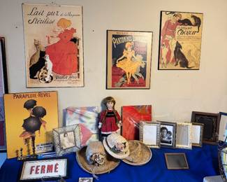 pur de la Vingeanne Stérilisé" poster, framed decorative art reproduction of the "Musée Grévin / Pantomimes Lumineuses" , reproduction of Théophile-Alexandre Steinlen's famous 1905 Art Nouveau veterinary advertisement poster, "Clinique Chéron"., vintage decorated straw hats