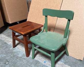 Green Painted Child's Chair and Wooden Step Stool (3/4)