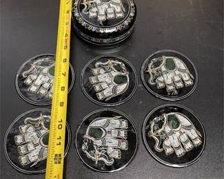 Six Black Lacquerware Elephant Coasters with Lidded Box (3/4)