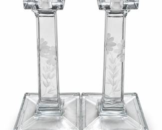 Pair of Floral-Etched Clear Glass Candlesticks