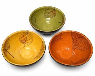Three Leaf-Decorated Ceramic Bowls in Autumn Colors