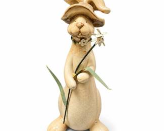 Glazed Ceramic Rabbit Figurine with Metal Flower