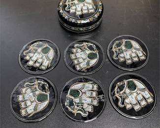 Six Black Lacquerware Elephant Coasters with Lidded Box (2/4)