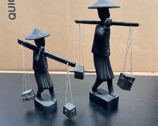Pair of Carved Wooden Water Carrier Figurines (2/4)