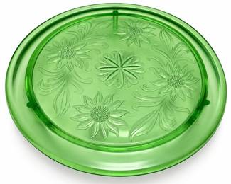 Jeannette Sunflower Green Glass Footed Cake Plate