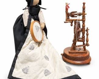 Amish-Style Quilting Doll & Spinning Wheel Music Box