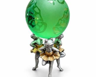 Green Glass Orb with Ballerina Frog Stand