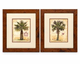 Pair of Chad Barrett Fan and Date Palm Prints, Burl Frames