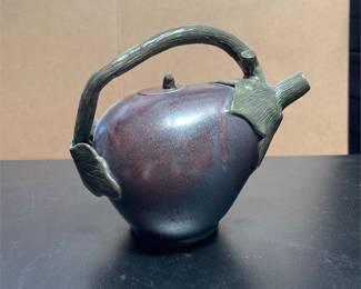 Signed Eggplant-Form Ceramic Teapot with Vine Handle (2/5)