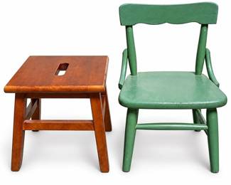 Green Painted Child's Chair and Wooden Step Stool