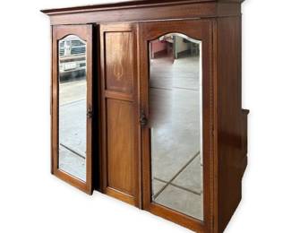 Edwardian-Style Inlaid Mahogany Triple Wardrobe Armoire