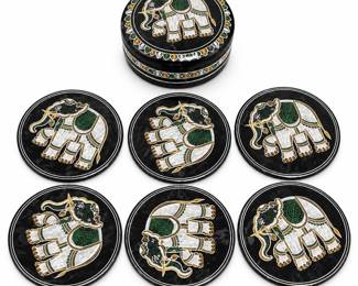 Six Black Lacquerware Elephant Coasters with Lidded Box