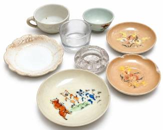 Miniature Ceramic and Glass Dishes with Cat Cup and Saucer