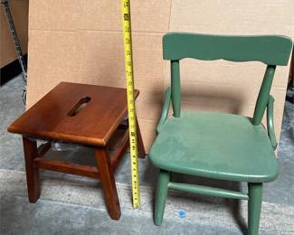 Green Painted Child's Chair and Wooden Step Stool (4/4)