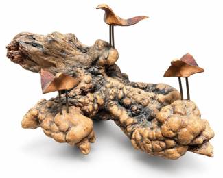 Burl Wood and Pinecone Bird Sculpture