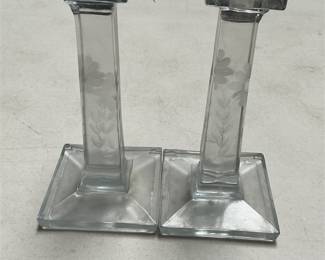 Pair of Floral-Etched Clear Glass Candlesticks (2/5)