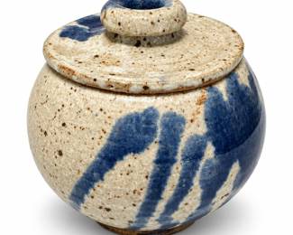 Lidded Stoneware Jar with Blue Brush Decoration
