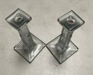 Pair of Floral-Etched Clear Glass Candlesticks (4/5)