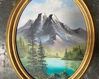 Signed Mountain Lake Landscape Painting in Oval Frame (2/2)
