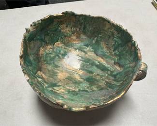Green and Gold-Tone Art Pottery Footed Bowl (5/6)