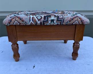 Wooden Footstool with Geometric Tapestry Upholstery (2/2)