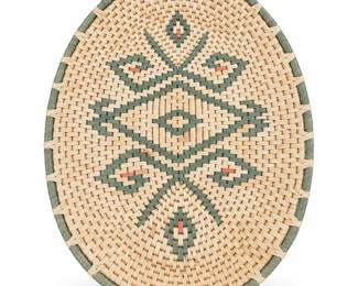 Oval Woven Basket Tray with Geometric Floral Design