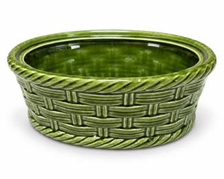 Green Glazed Ceramic Basket-Weave Planter