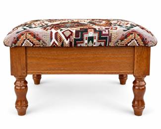 Wooden Footstool with Geometric Tapestry Upholstery