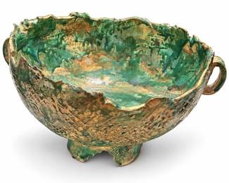 Green and Gold-Tone Art Pottery Footed Bowl