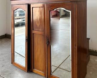 Edwardian-Style Inlaid Mahogany Triple Wardrobe Armoire (2/5)