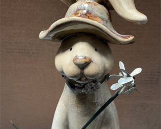 Glazed Ceramic Rabbit Figurine with Metal Flower (4/5)