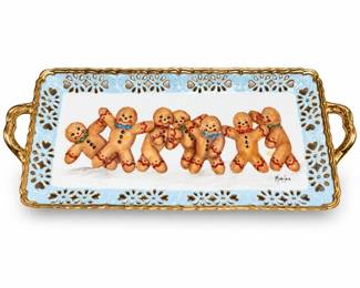 Signed Gingerbread Ceramic Tray with Gilt Pierced Rim