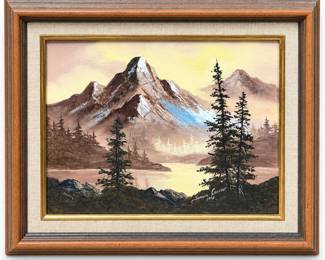Signed Mountain Lake Landscape Painting, 1978