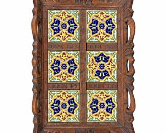 Carved Wood Serving Tray with Decorative Ceramic Tiles