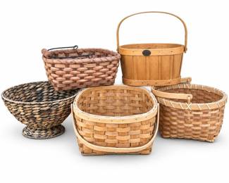 Assorted Wood and Woven Baskets Including Peterboro