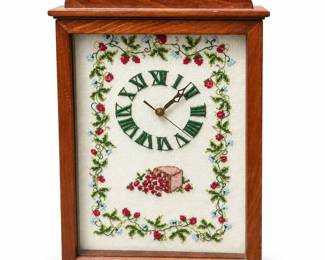 Strawberry Cross-Stitch Clock in Wooden Case