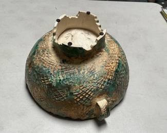 Green and Gold-Tone Art Pottery Footed Bowl (3/6)