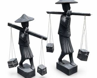 Pair of Carved Wooden Water Carrier Figurines