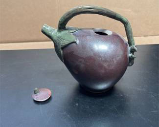 Signed Eggplant-Form Ceramic Teapot with Vine Handle (4/5)