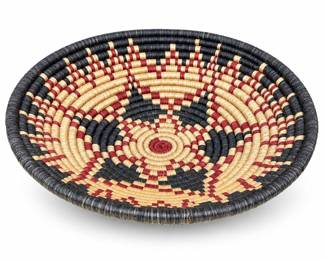 Coiled Basket Bowl with Red and Black Geometric Design
