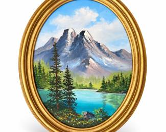 Signed Mountain Lake Landscape Painting in Oval Frame